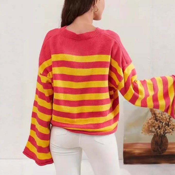 Women's Fashion Striped Crop Sweater with Floral Pattern