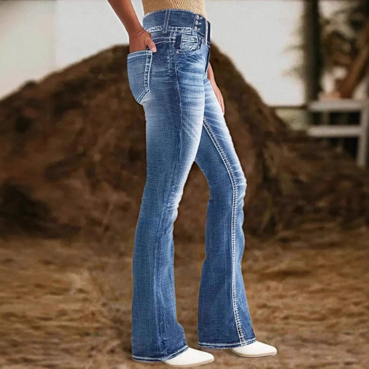 Women High-Waist Bootcut Jeans with sculpting seam design and light vintage finish Mune Fashion