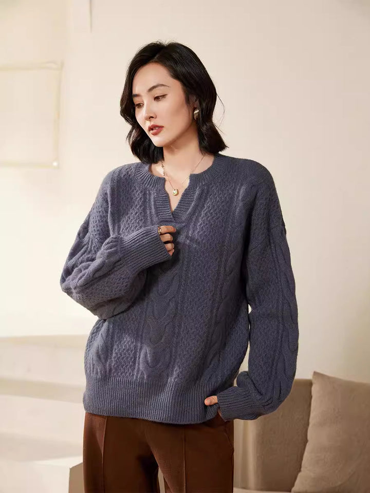 Women's Oversize Cable Knit Sweater with V-Inset and Cashmere-like Softness Mune Fashion