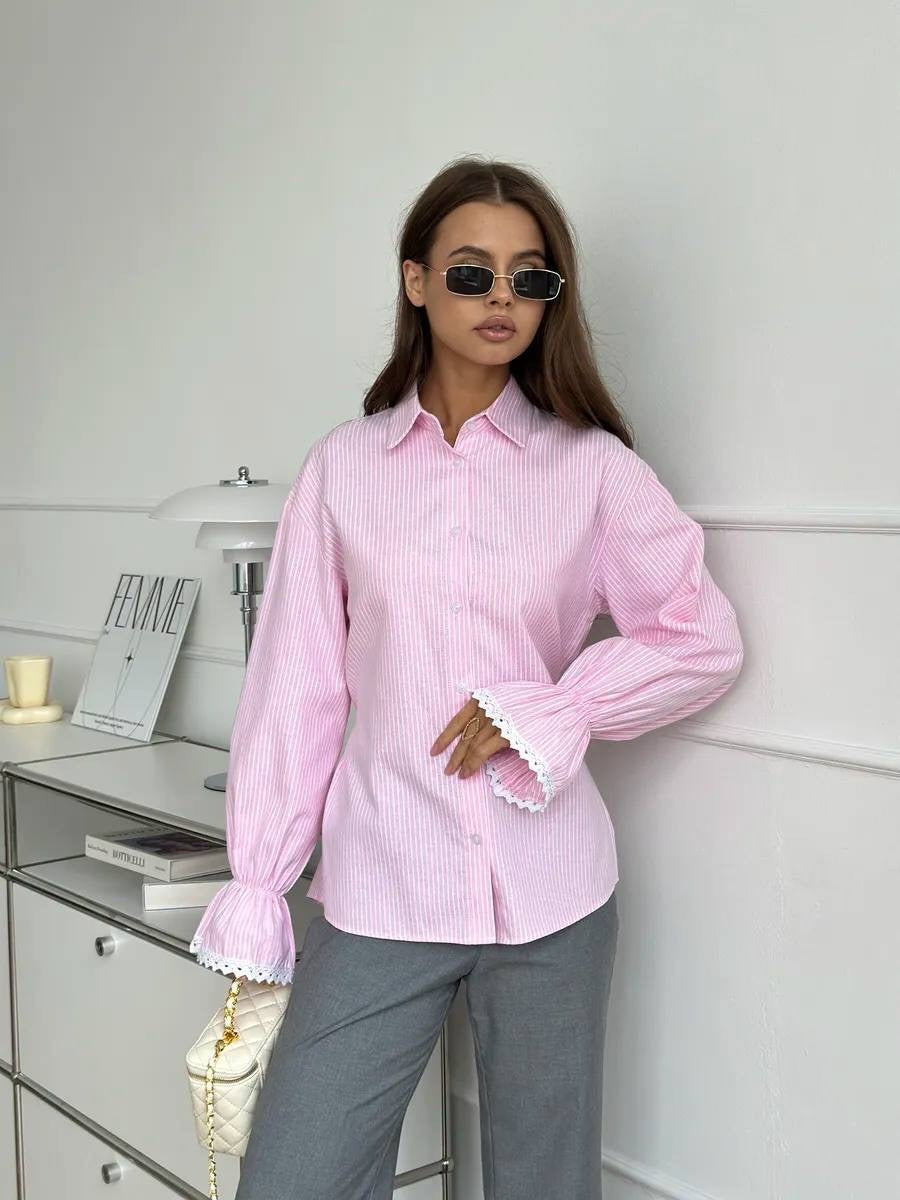 Ladies Striped Cotton Blouse with Lace Trim on Bell Sleeves Mune Fashion