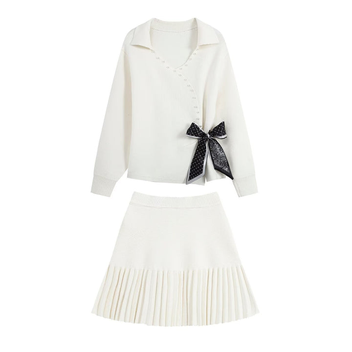 Ladies Two-Piece Fine Knit Set with V-Wrap Top, Bead Trim and Pleated Midi Skirt Mune Fashion