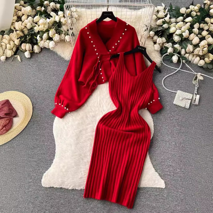 Ladies Elegant Knit Set with Rib Design Mune Fashion