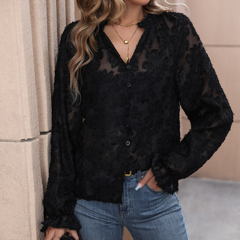 Women's Transparent Chiffon Blouse with Floral Flock Application, Button Placket and Ruffle Cuffs Mune Fashion