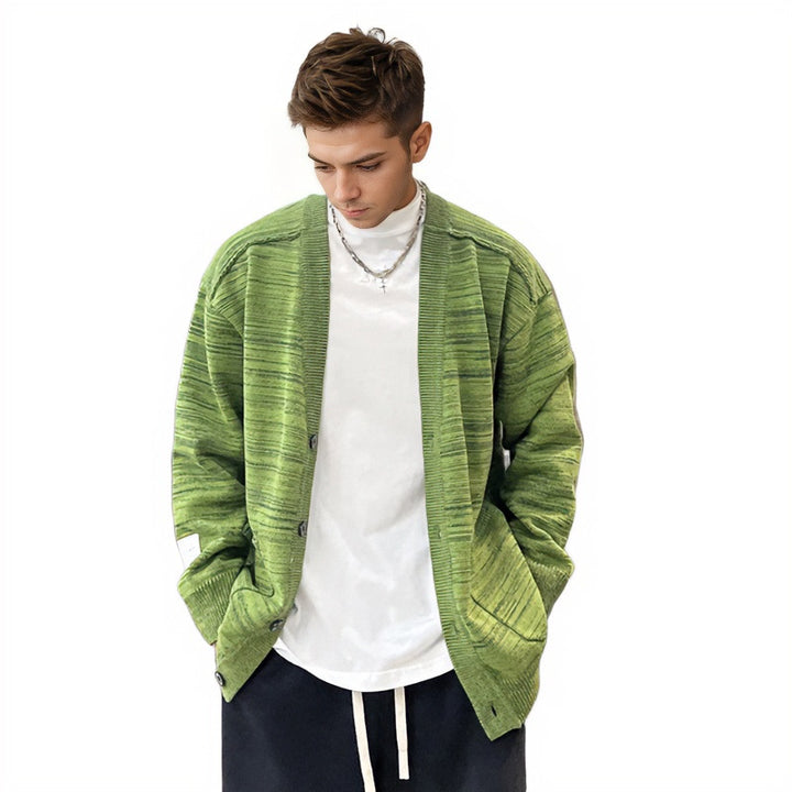 Men's Loose Melange Oversized Knit Cardigan with Button Placket and Patch Pockets Mune Fashion