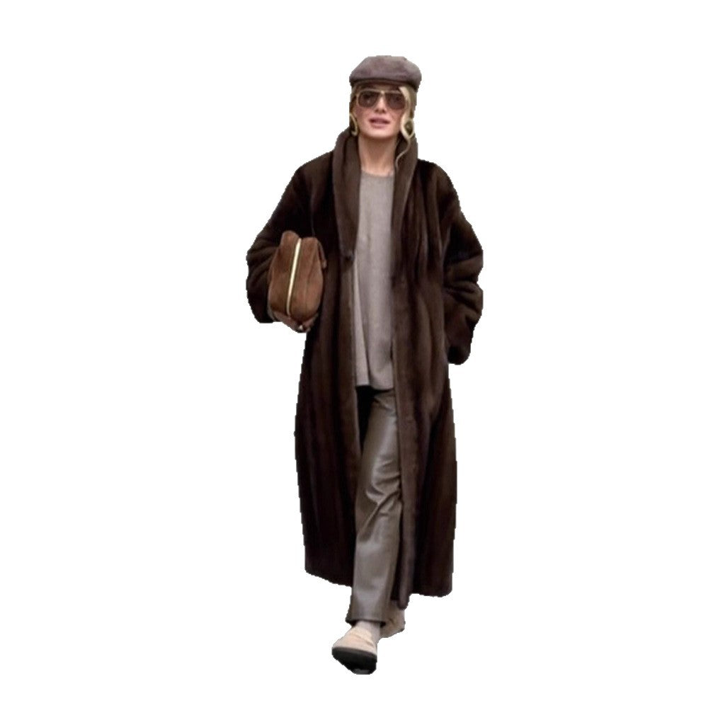 Women Long Faux Fur Coat with Stand-Up Collar and Oversized Fit Mune Fashion