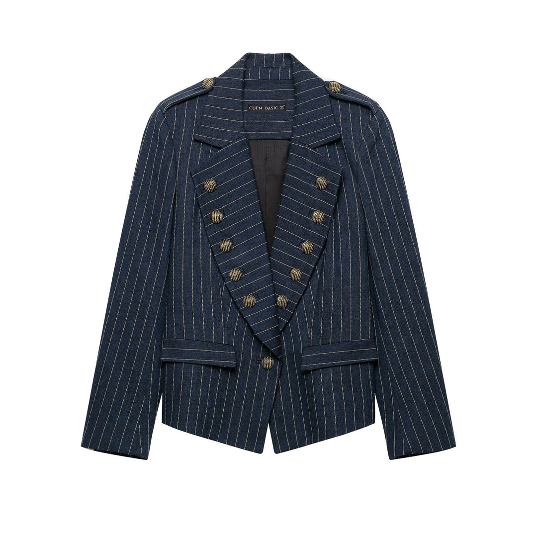 Women's Cropped Blazer in Pinstripe with Double-Sided Decorative Button Placket and Shoulder Epaulettes Mune Fashion