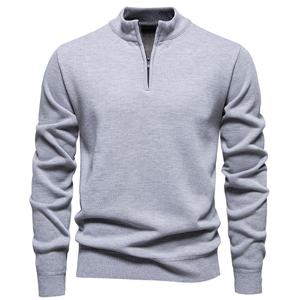 Men's Slim-Fit Fine Knit Sweater with Short Zipper, Stand Collar and Ribbed Hem Mune Fashion