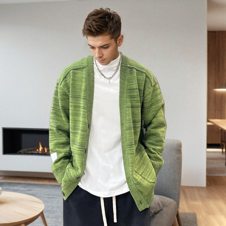 Men's Loose Melange Oversized Knit Cardigan with Button Placket and Patch Pockets Mune Fashion