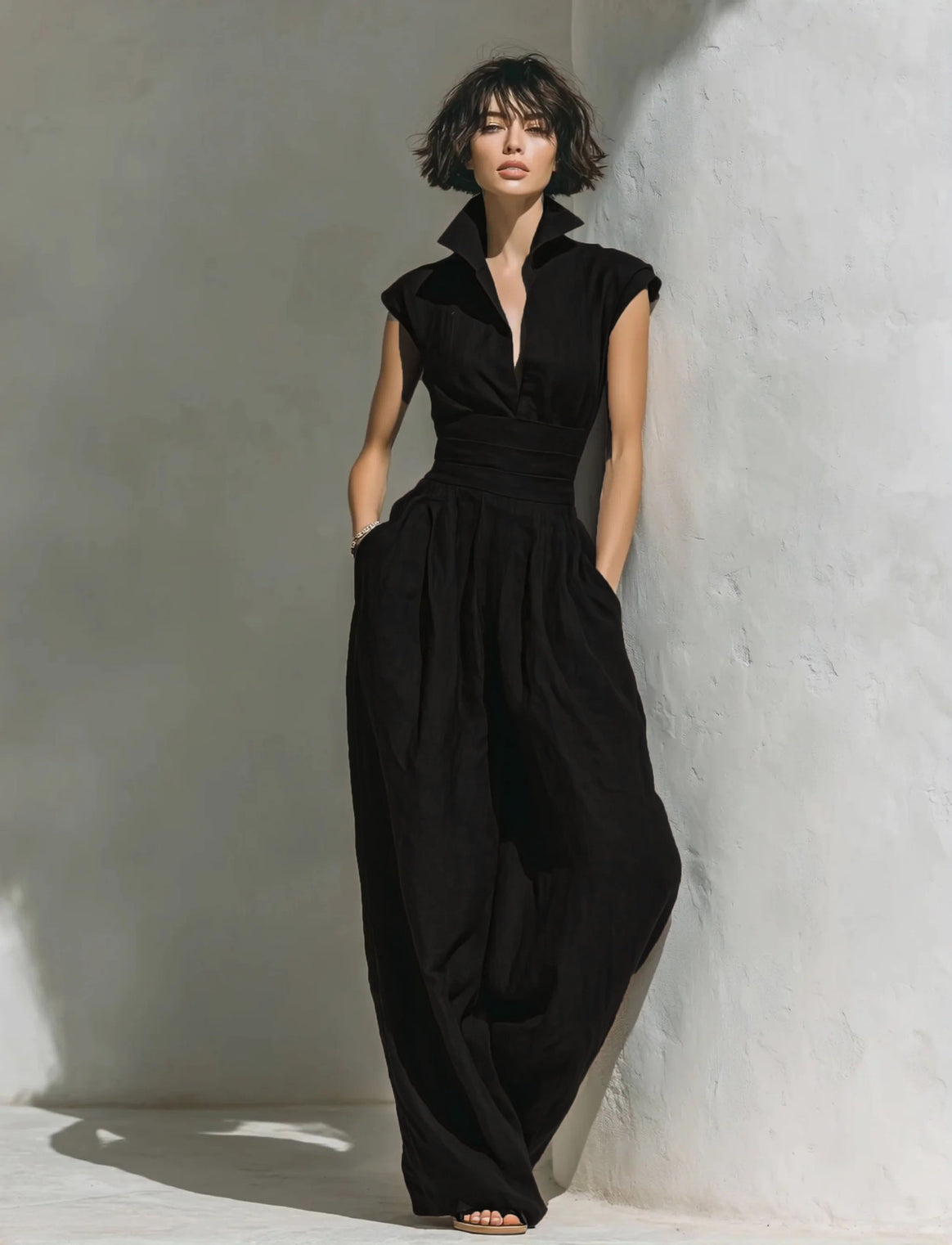 Women's jumpsuit with wide leg, tailored wrap waistband and standing collar Mune Fashion