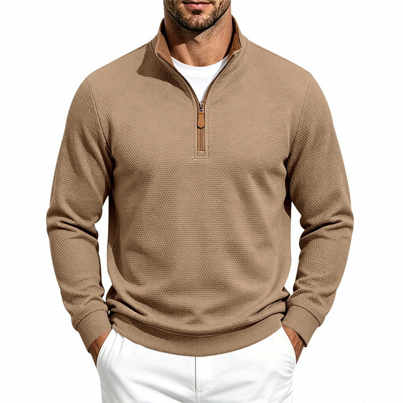Men's Half-Zip Pullover with Waffle Texture and Contrast Collar Mune Fashion