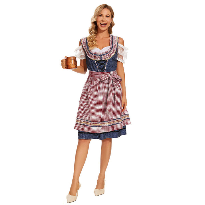 Ladies traditional dirndl dress with laced bodice, lace sleeves and checkered apron Mune Fashion