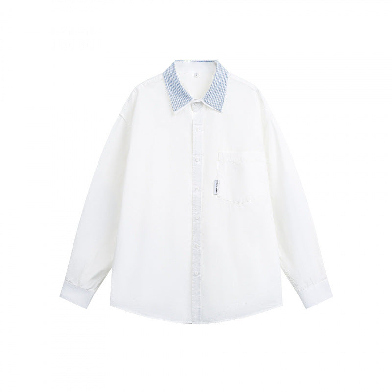 Unisex Loose-Fitting Cotton Shirt with Contrasting Checked Collar and Chest Pocket Mune Fashion