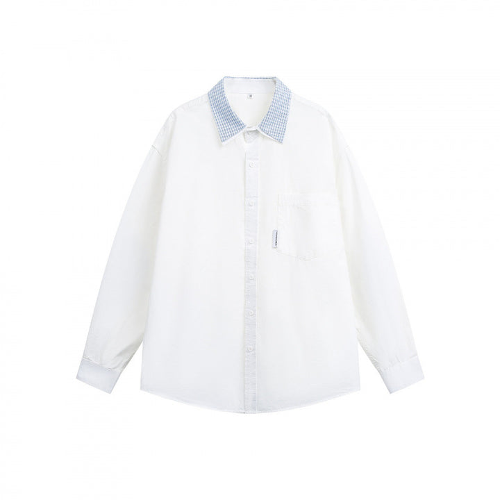 Unisex Loose-Fitting Cotton Shirt with Contrasting Checked Collar and Chest Pocket Mune Fashion