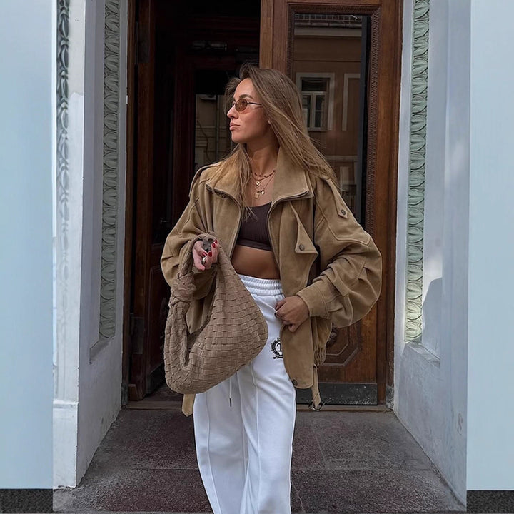 Women's Oversized Suede Leather Bomber Jacket with Epaulettes and Adjustable Waist Mune Fashion
