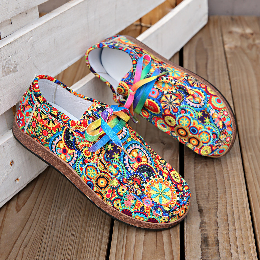 Ladies Comfortable Platform Slippers in Ethno Print with Cork Look Sole Mune Fashion
