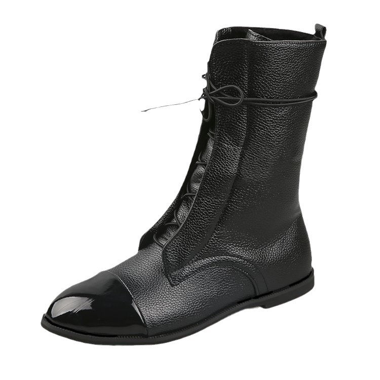 Women ankle-high lace-up boots with pointed toe design and textured leather look Mune Fashion