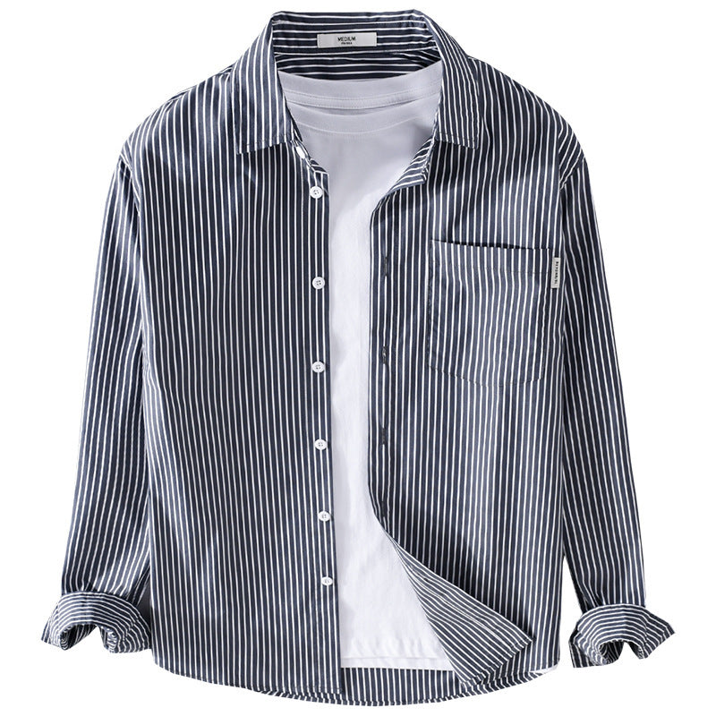 Men's Lightweight Long Sleeve Shirt Made of Cotton Blend with Fine Vertical Stripes and Chest Pocket Mune Fashion