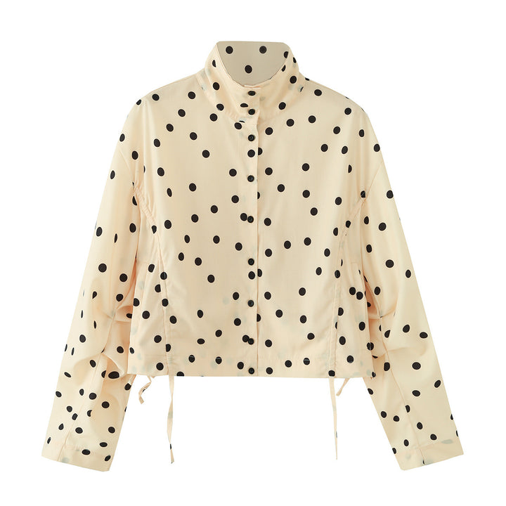 Women Polka Dot Cropped Blouson Jacket with Stand Collar and Drawstring Mune Fashion