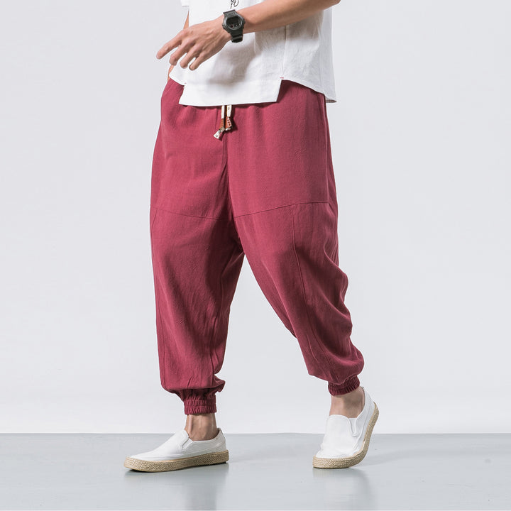 Men's relaxed fit linen joggers with drawstring, inset knee panels, and elastic cuffs Mune Fashion