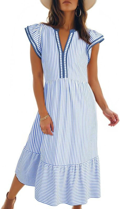 Women’s Maritime Midi Dress with Vertical Stripes, V-Neck and Ruffle Tier Mune Fashion