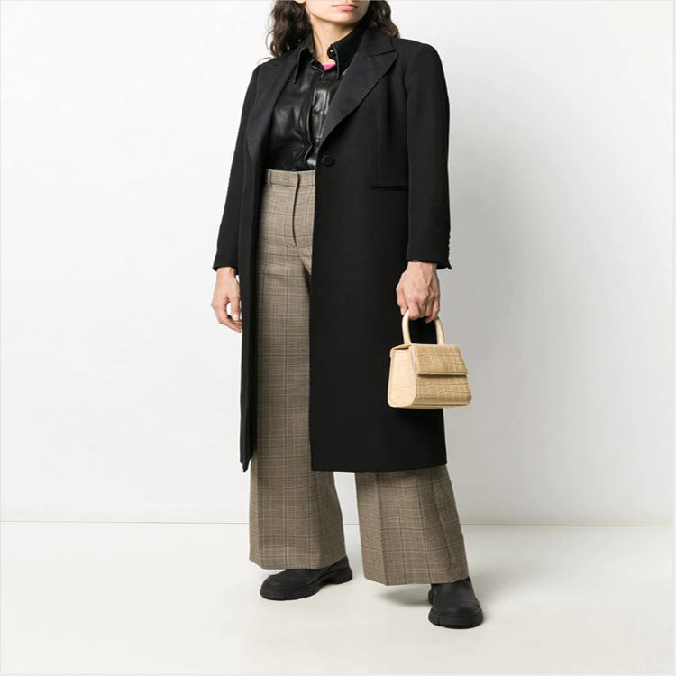 Women Elegant Single-Breasted Long Coat in Tuxedo Style with Narrow Lapels and Satin Trim Mune Fashion