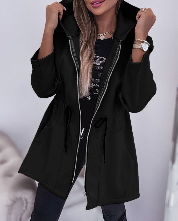 Women Lightweight Hooded Parka with Drawstring and Double Zipper Mune Fashion