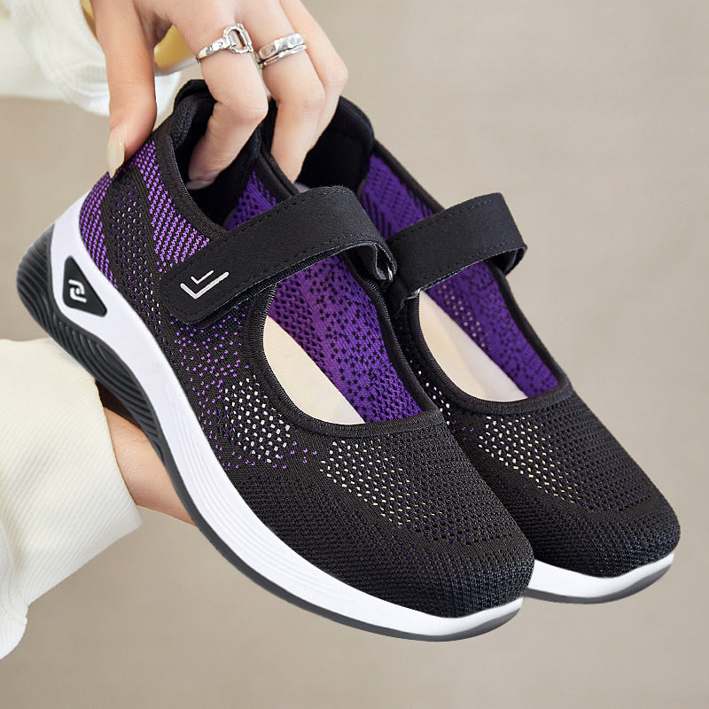 Ladies' breathable knitted Mary Jane with adjustable hook-and-loop strap, sock-like entry and cushioning EVA wave outsole Mune Fashion