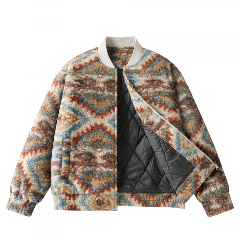 Unisex Boxy Fleece Bomber Jacket with Aztec Pattern and Zipper Mune Fashion