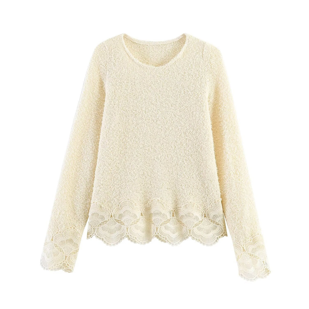 Women Boucle Knit Sweater with Lace Trim and Wavy Hem Mune Fashion