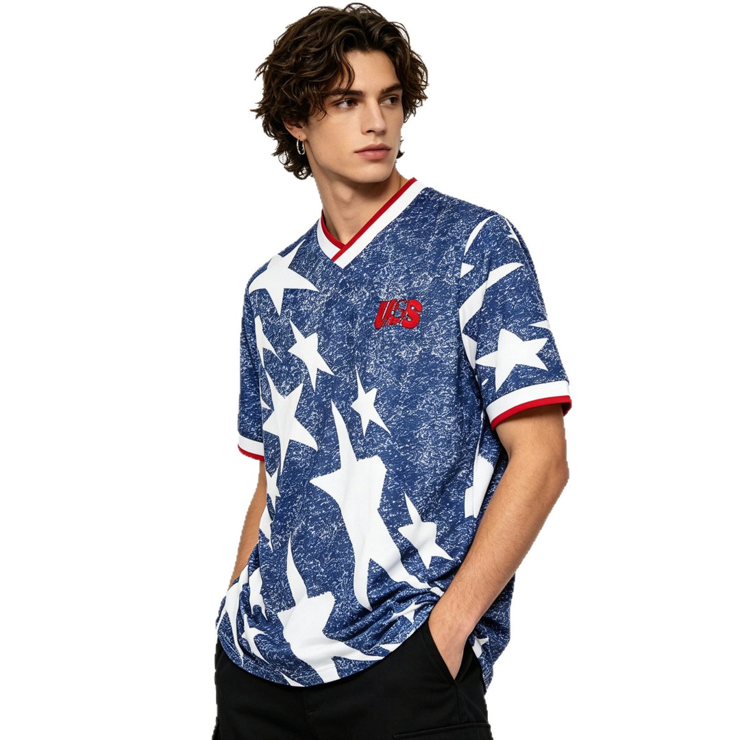 Unisex casual jersey shirt with V-neck, all-over star print and contrast trim Mune Fashion