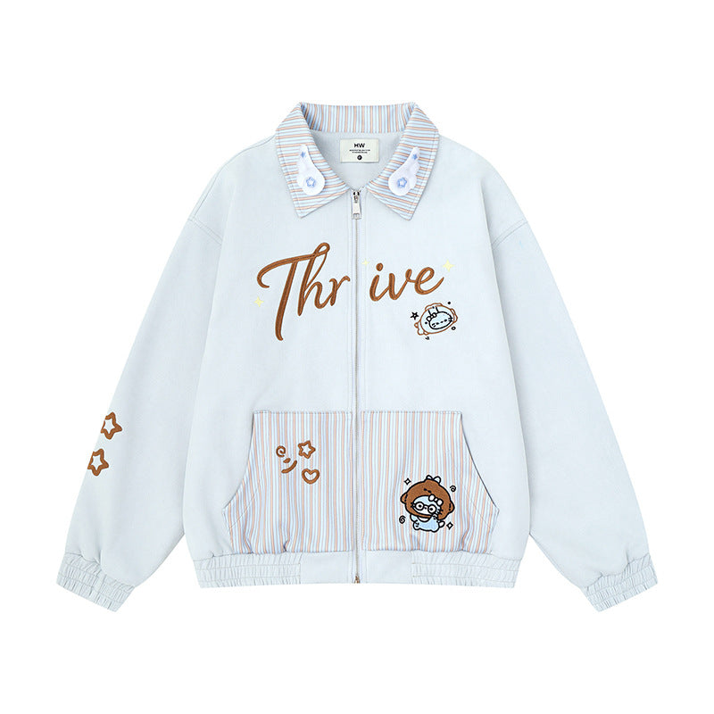 Women's zip sweat jacket with striped collar, front pockets and cute embroidery Mune Fashion