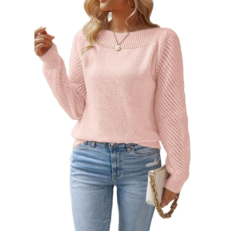 Women's fine knit sweater with ajour puff sleeves and bateau neckline Mune Fashion