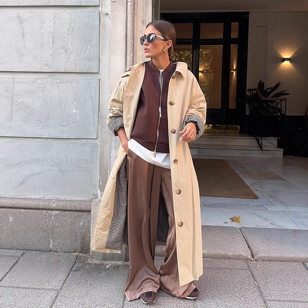 Women's Maxi Long Trench Coat with Check Lining, Wide Fall & Classic Button Placket Mune Fashion