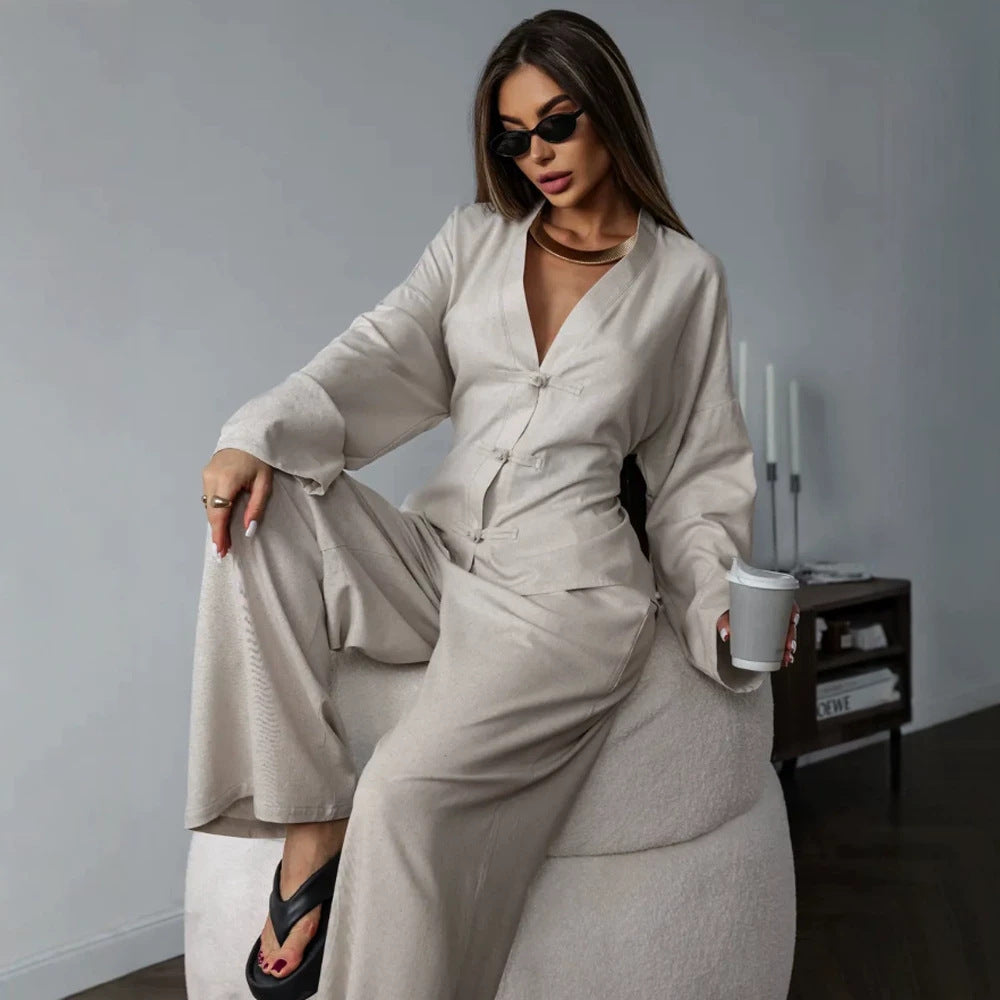 Women's Kimono-Inspired Loungewear Jacket with Waist Tie and Decorative Knot Mune Fashion