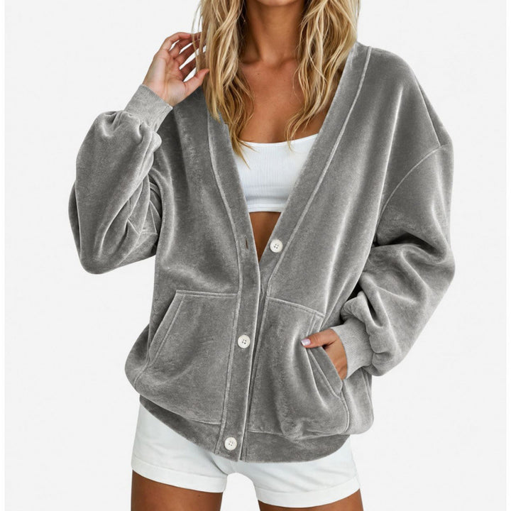 Women's Oversize Relax Cardigan made of velour with button placket and side pockets Mune Fashion