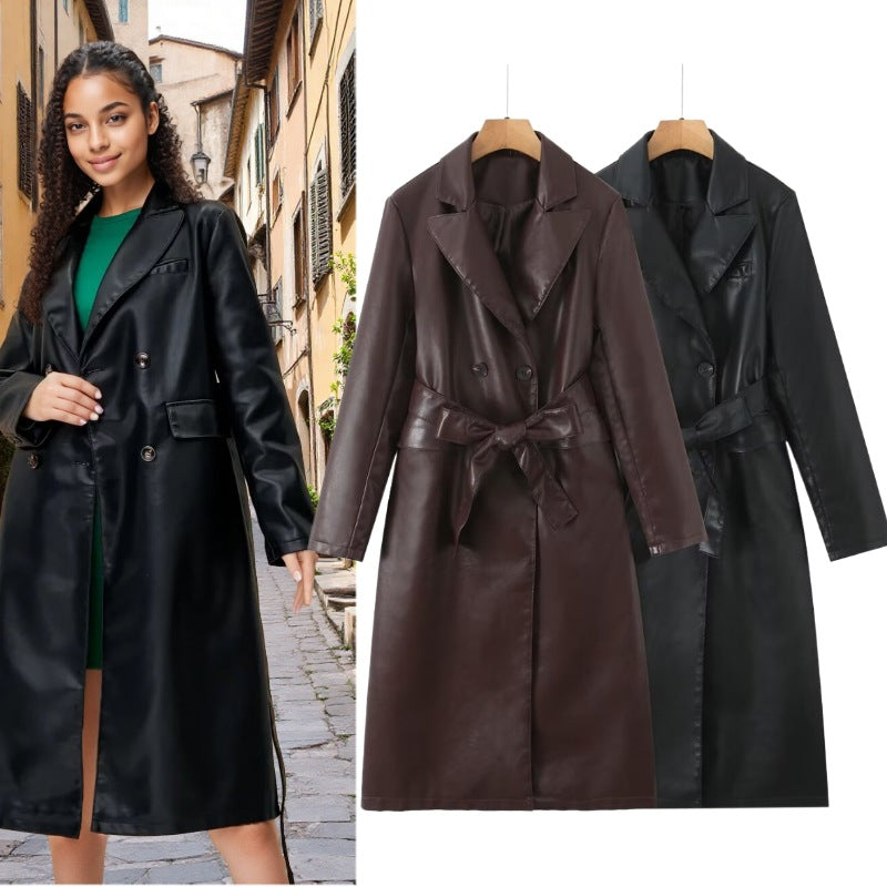 Women's Longline Faux Leather Trench Coat with Double-Breasted Button Placket and Waist Belt Mune Fashion