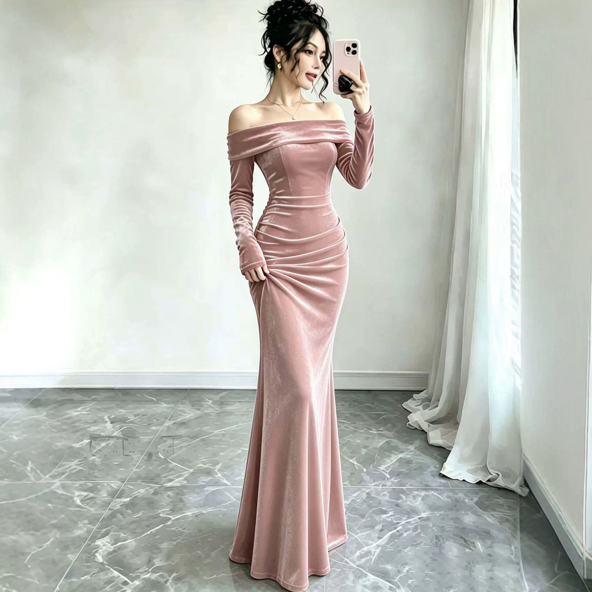 Women Long Velvet Evening Dress with Off-Shoulder Neckline and Deep Back Cutout Mune Fashion