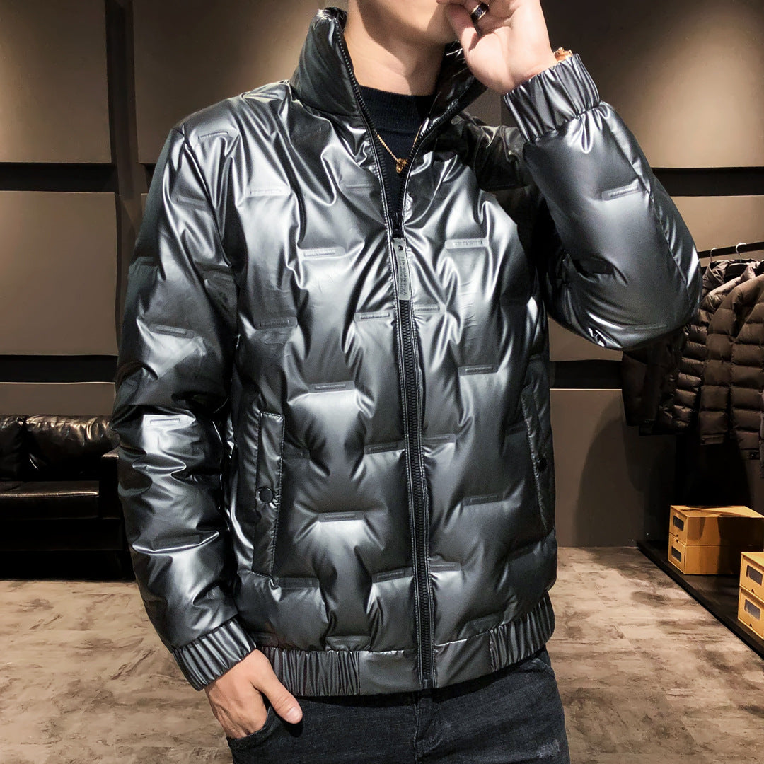 Men's Shiny Thermal Quilted Jacket with Square Quilt and High-Closing Stand-Up Collar Mune Fashion