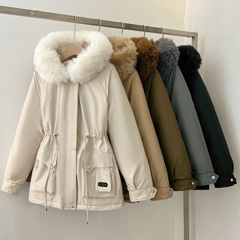 Women's Quilted Parka with Drawstring Waist, Hood, and Voluminous Faux Fur Collar Mune Fashion