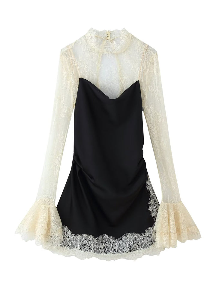 Women Elegant Slip Dress with Lace Overlay, Stand Collar and Ruffled Sleeves Mune Fashion