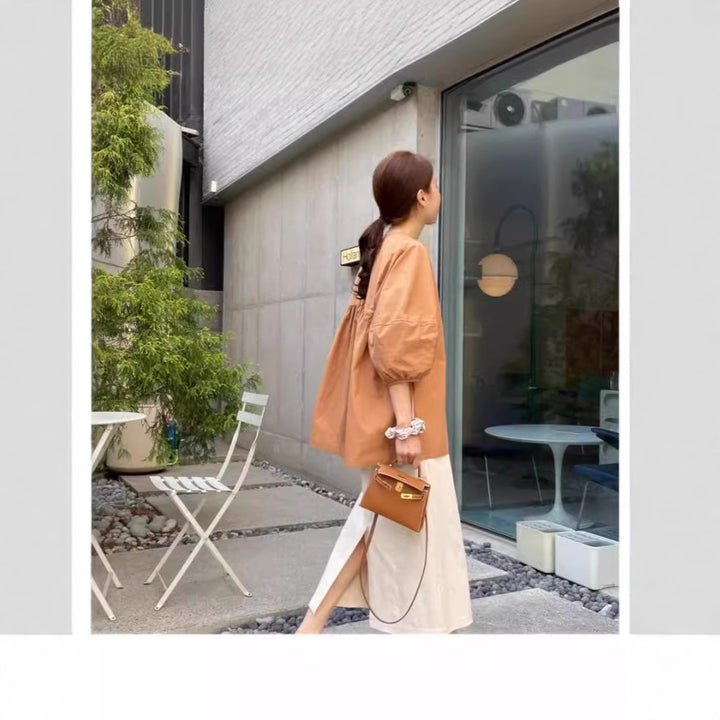 Women's Loose Cotton Blouse with 3/4 Balloon Sleeves and Rounded Hem Mune Fashion