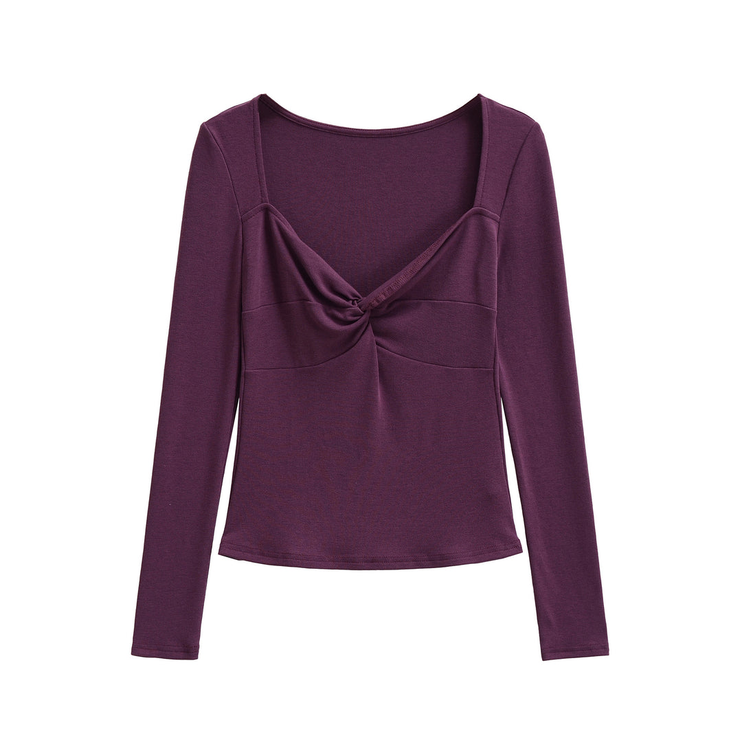 Women's Long Sleeve Shirt with Twist Knot Detail, Shaping Bust Part and Wide Neckline Mune Fashion