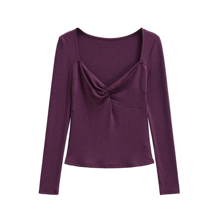 Women's Long Sleeve Shirt with Twist Knot Detail, Shaping Bust Part and Wide Neckline Mune Fashion