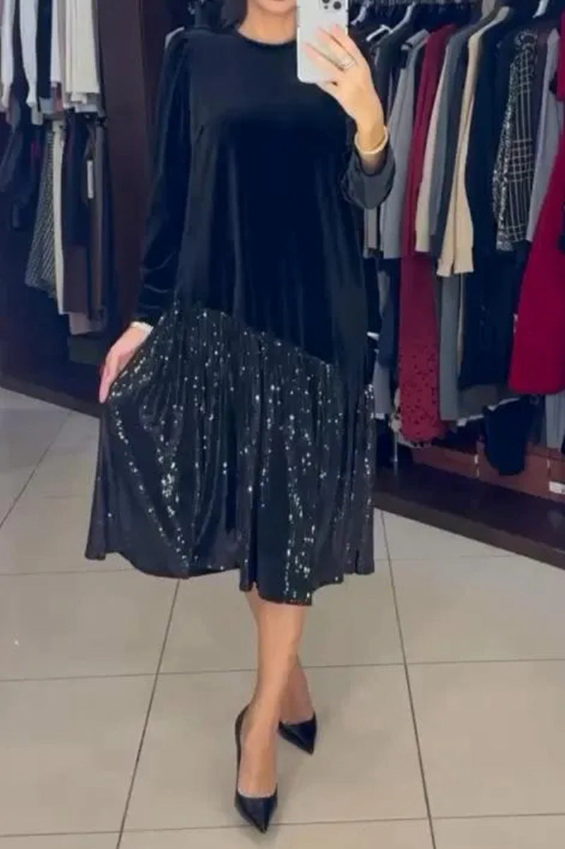 Women's Velvet Midi Dress with Pleated Sequin Skirt, Loose A-Line Cut and Round Neckline Mune Fashion