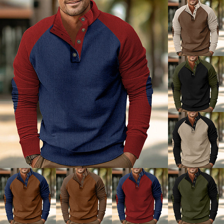Men's Warmer Waffle Texture Henley Pullover with Contrast Raglan Sleeves & Stand Collar Mune Fashion