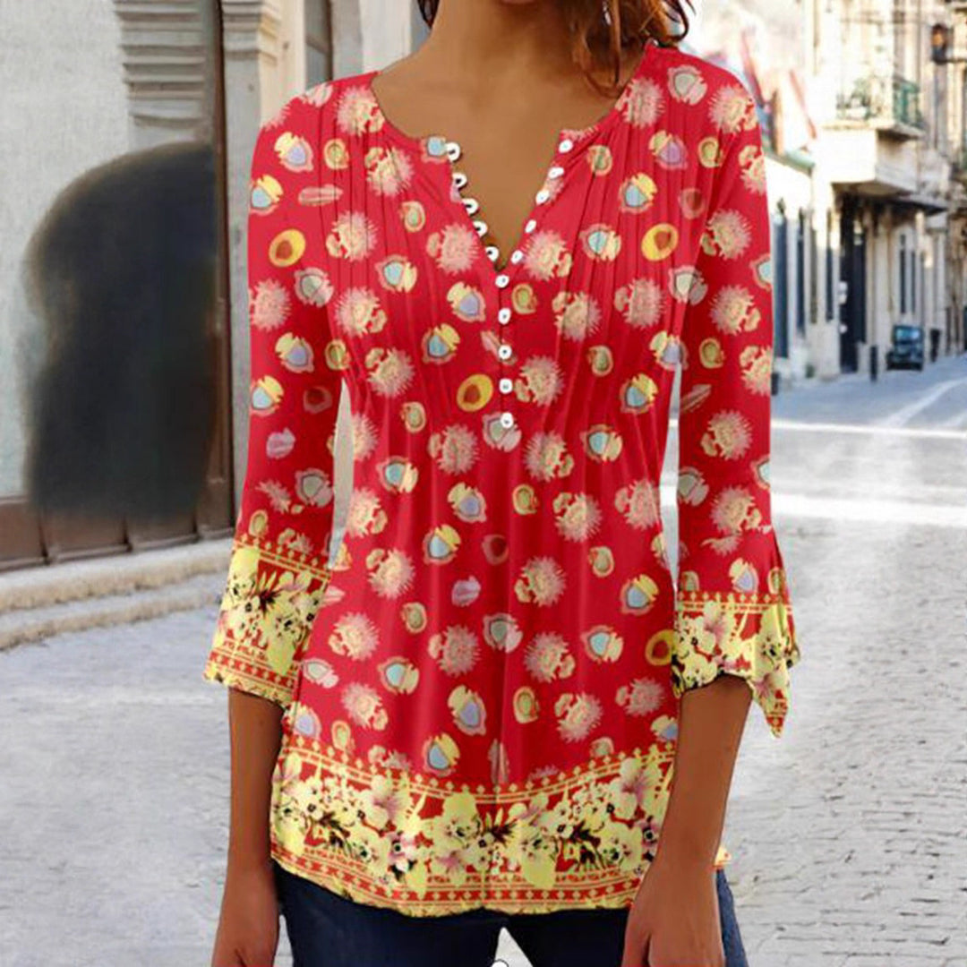 Women nan lightweight Boho blouse with V-neck, decorative pleats, button placket and three-quarter sleeves Mune Fashion