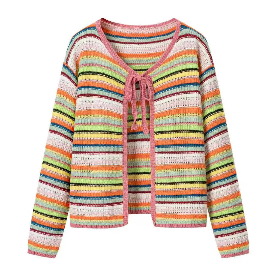 Ladies Colorful Cropped Openwork Knit Cardigan with Ties and Ribbed Hem Mune Fashion