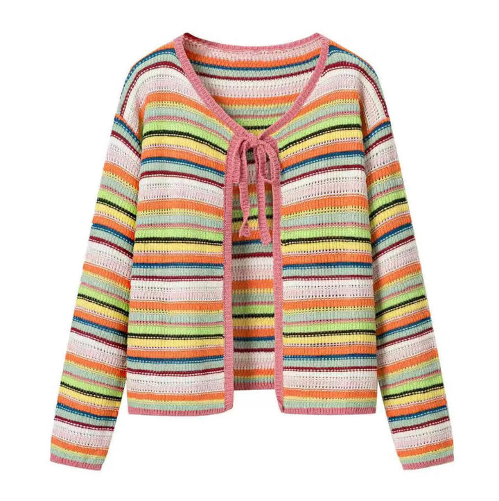Ladies Colorful Cropped Openwork Knit Cardigan with Ties and Ribbed Hem Mune Fashion