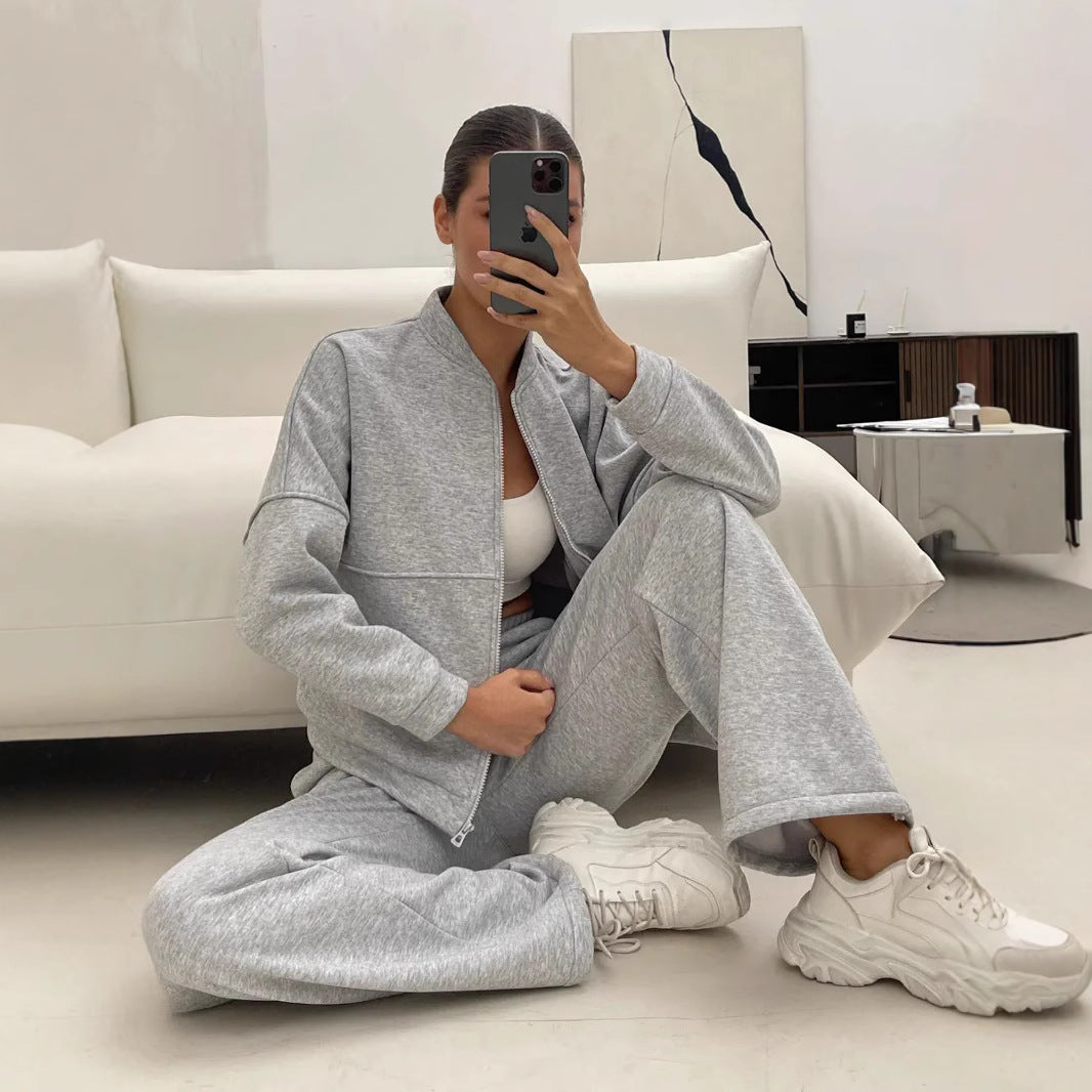Women's Casual Zip Lounge Set with Stand Collar and Wide High Waist Jog Pants Mune Fashion