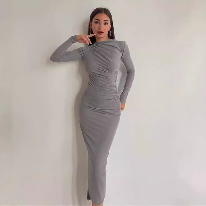 Women's gathered maxi dress with asymmetrical neckline and fitted silhouette Mune Fashion